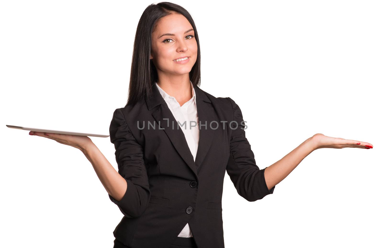 Beautiful businesswomen hold tablet and empty palm by cherezoff