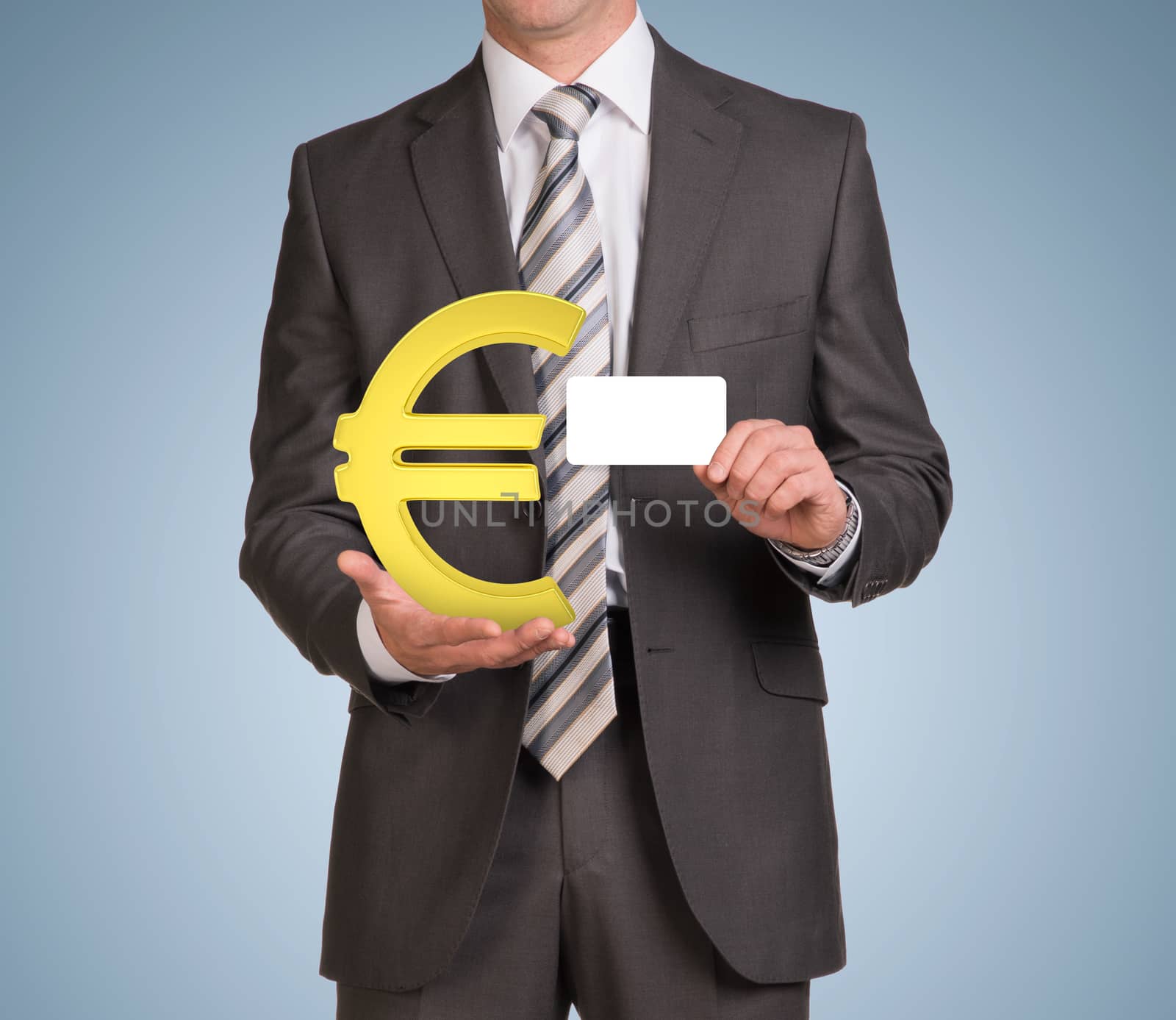 Businessman hold empty card and gold euro sign by cherezoff