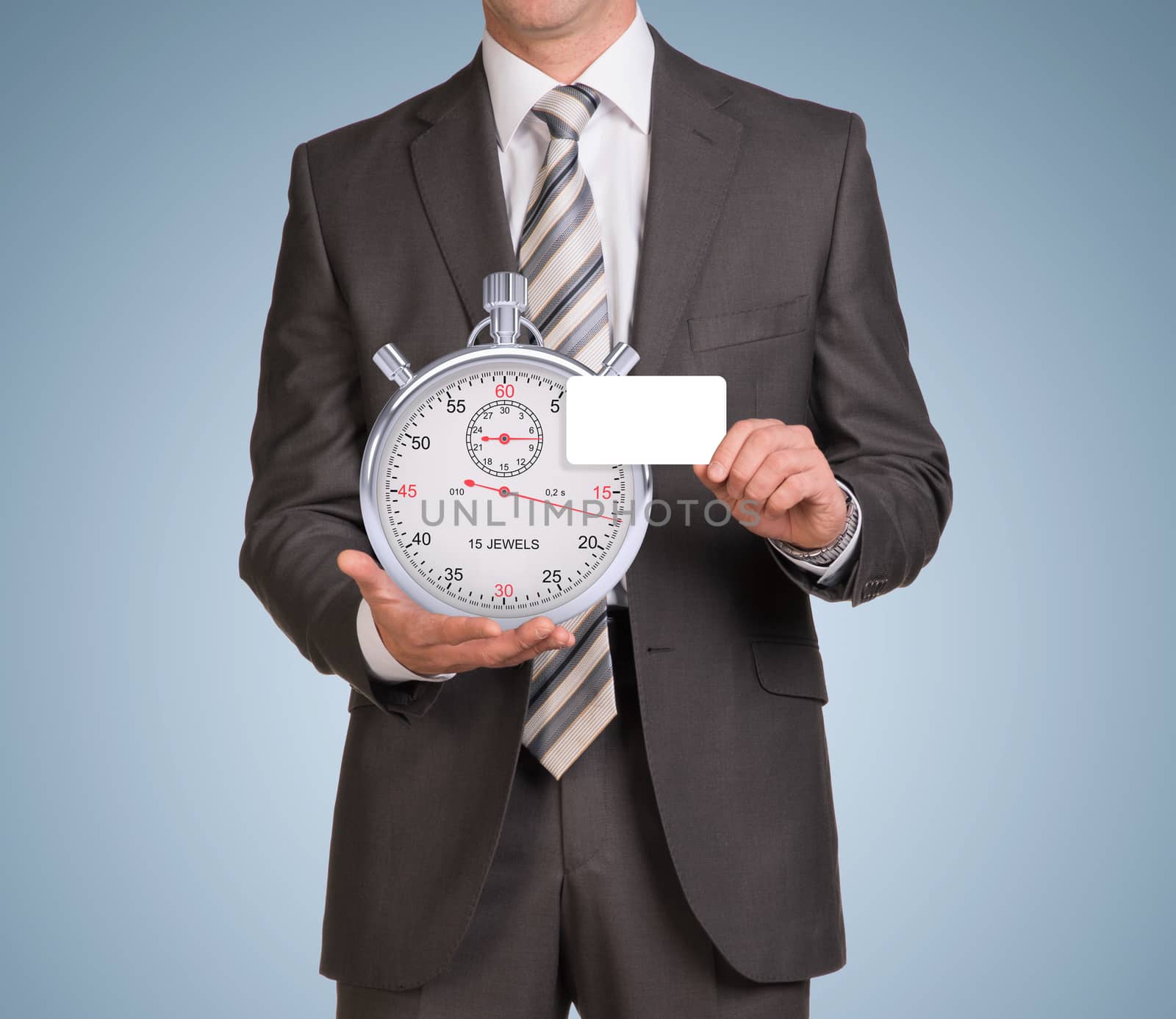 Businessman in suit hold empty card and stopwatch. Blue background