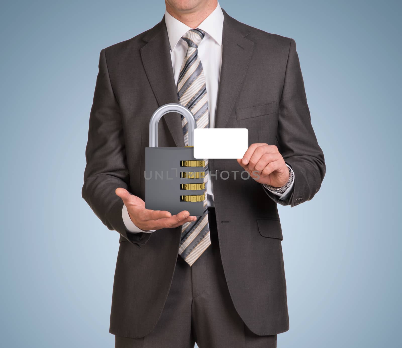 Businessman in suit hold empty card and combination lock. Blue background