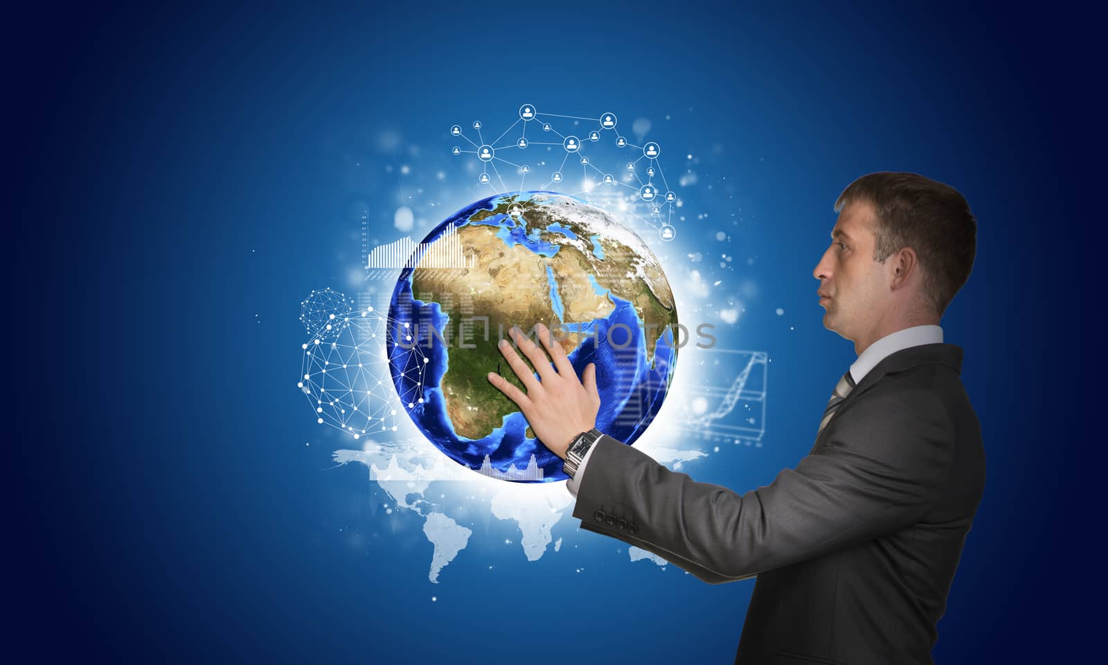 Businessman in suit hold Earth with graphs and network by cherezoff