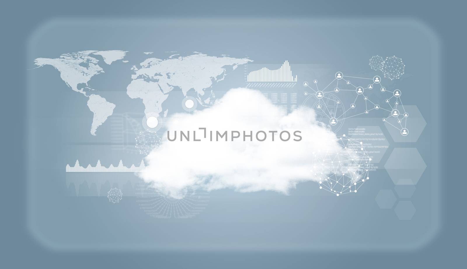Cloud with world map, network and graphs. Technology background