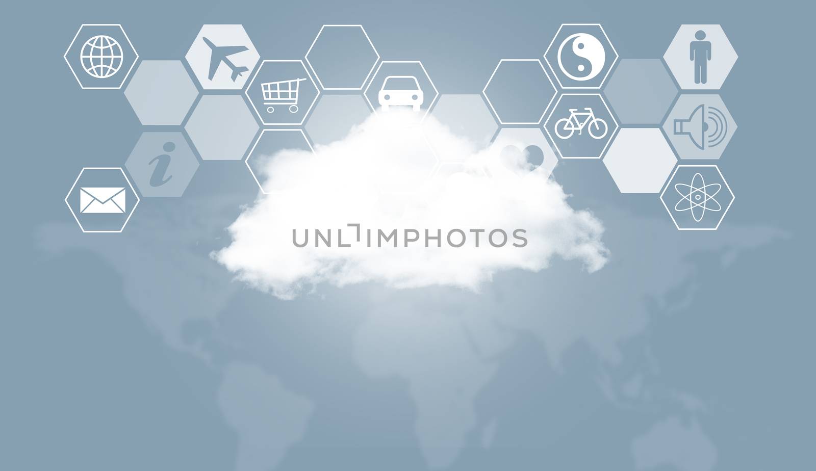 Cloud, world map and hexagons with icons by cherezoff