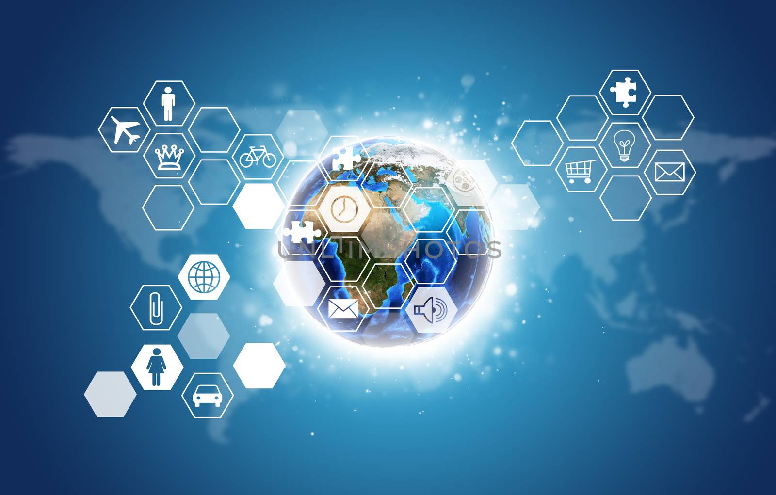 Earth and hexagons with icons. Elements of this image are furnished by NASA