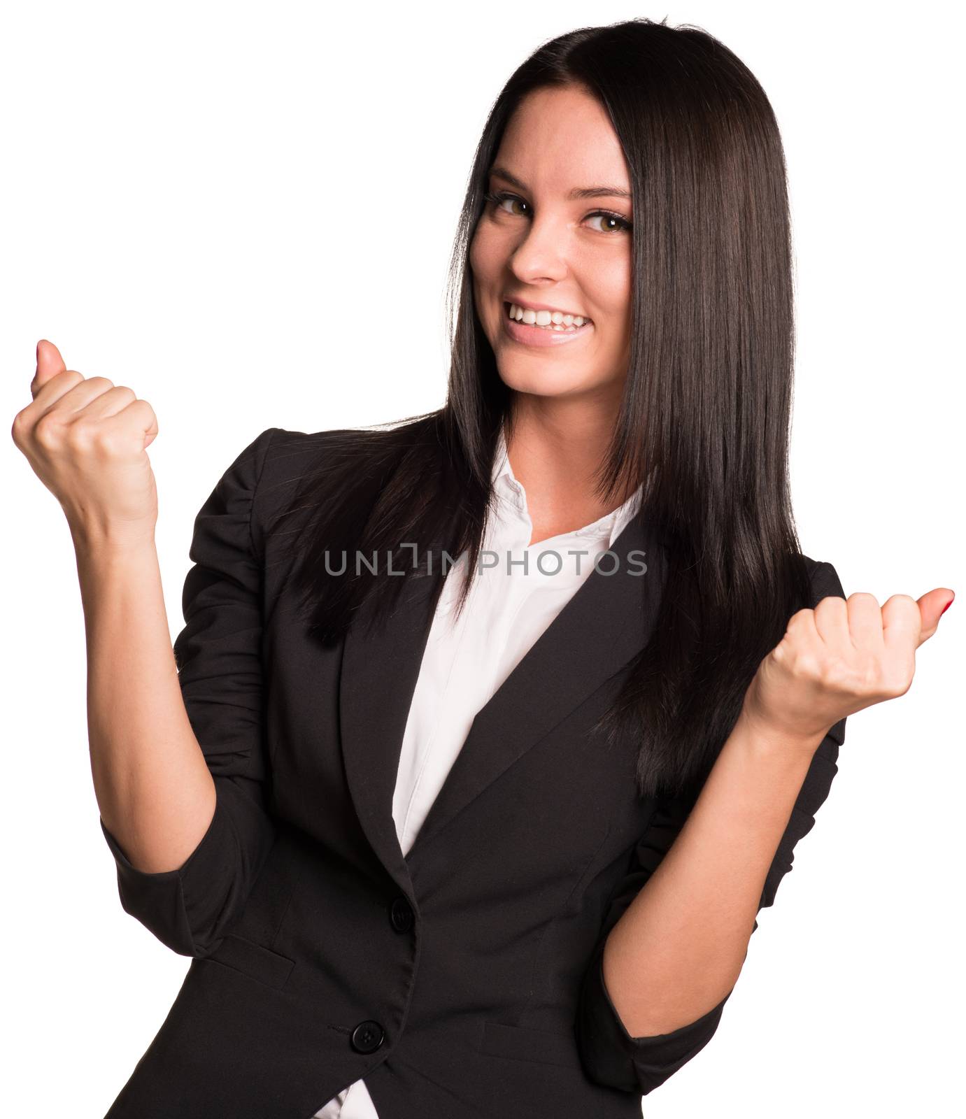 Beautiful businesswomen in suit happily raised his hands up. Isolated on white background