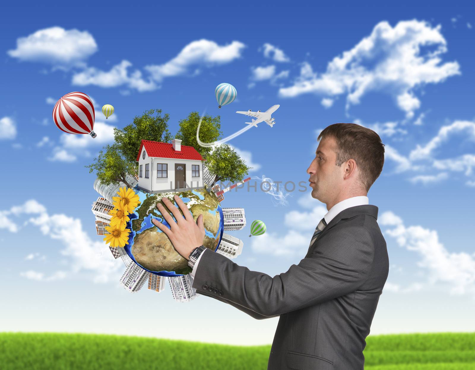 Businessman in suit hold empty copy space. Earth with graphs and network. Elements of this image are furnished by NASA