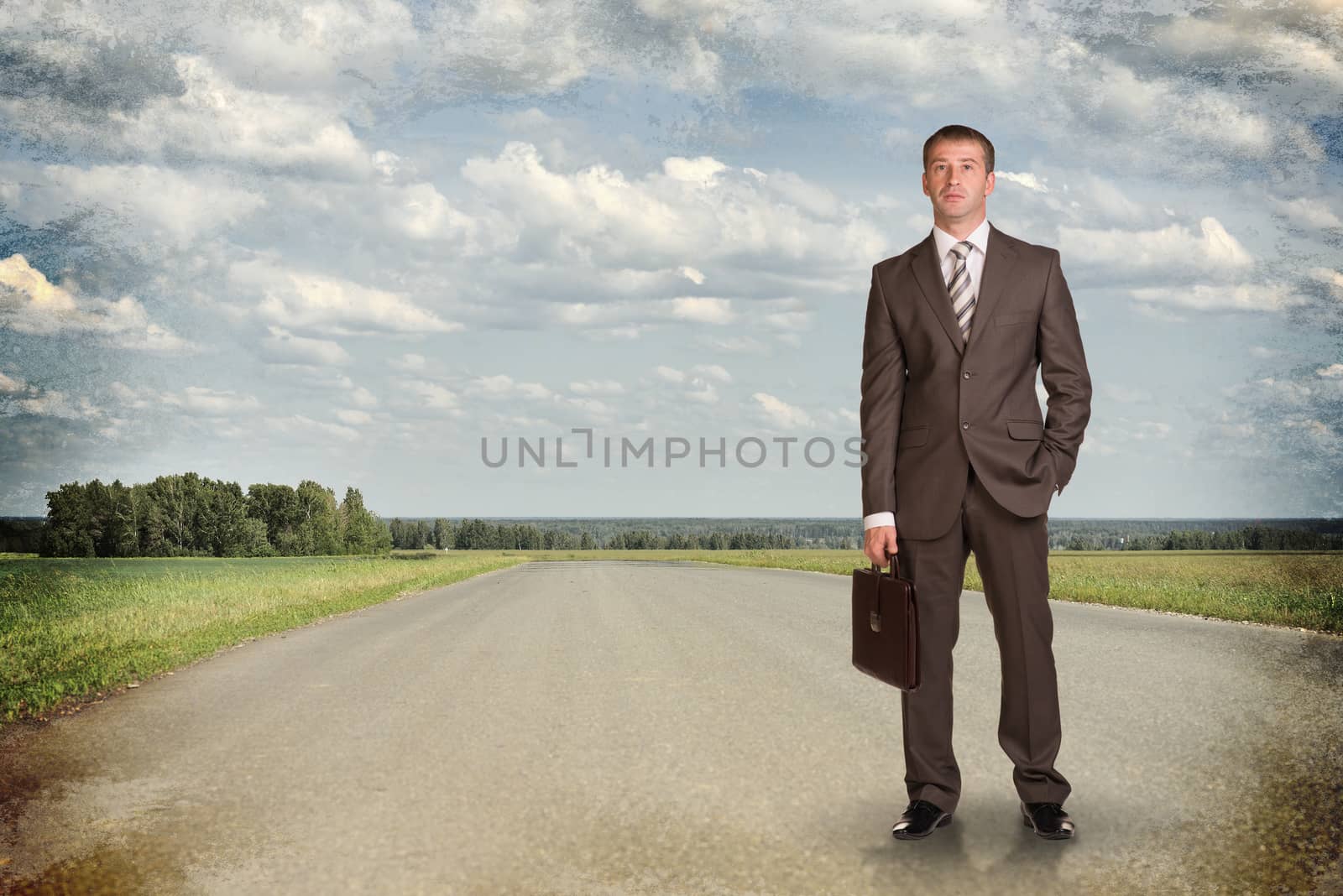 Businessman in suit with briefcase standing on the road. Business concept