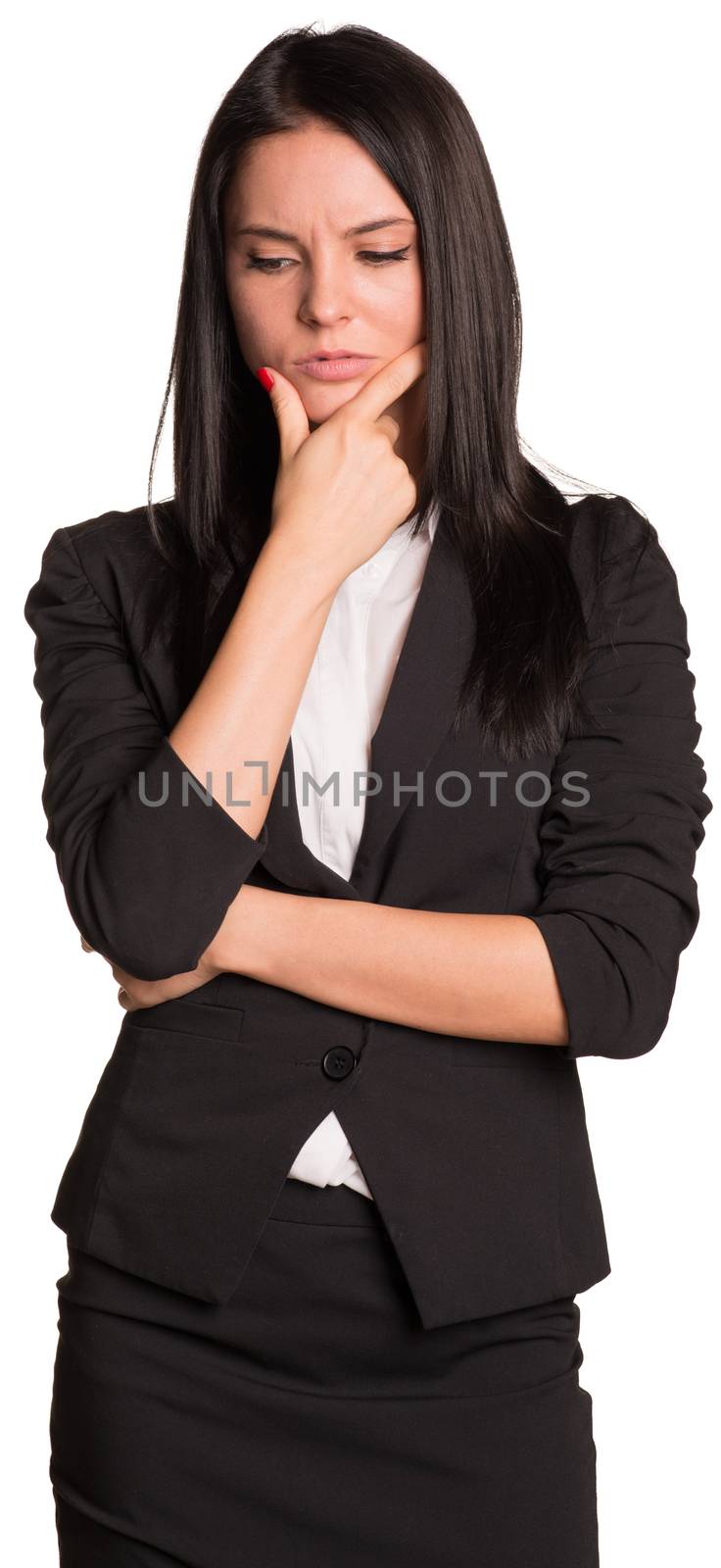 Beautiful businesswomen in suit thoughtful holding hand on chin. Isolated on white background