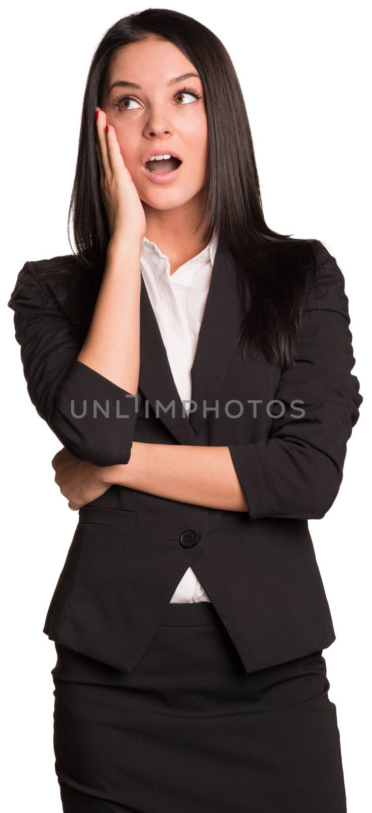 Beautiful businesswomen in suit happily holding his hand to his head. Isolated on white background