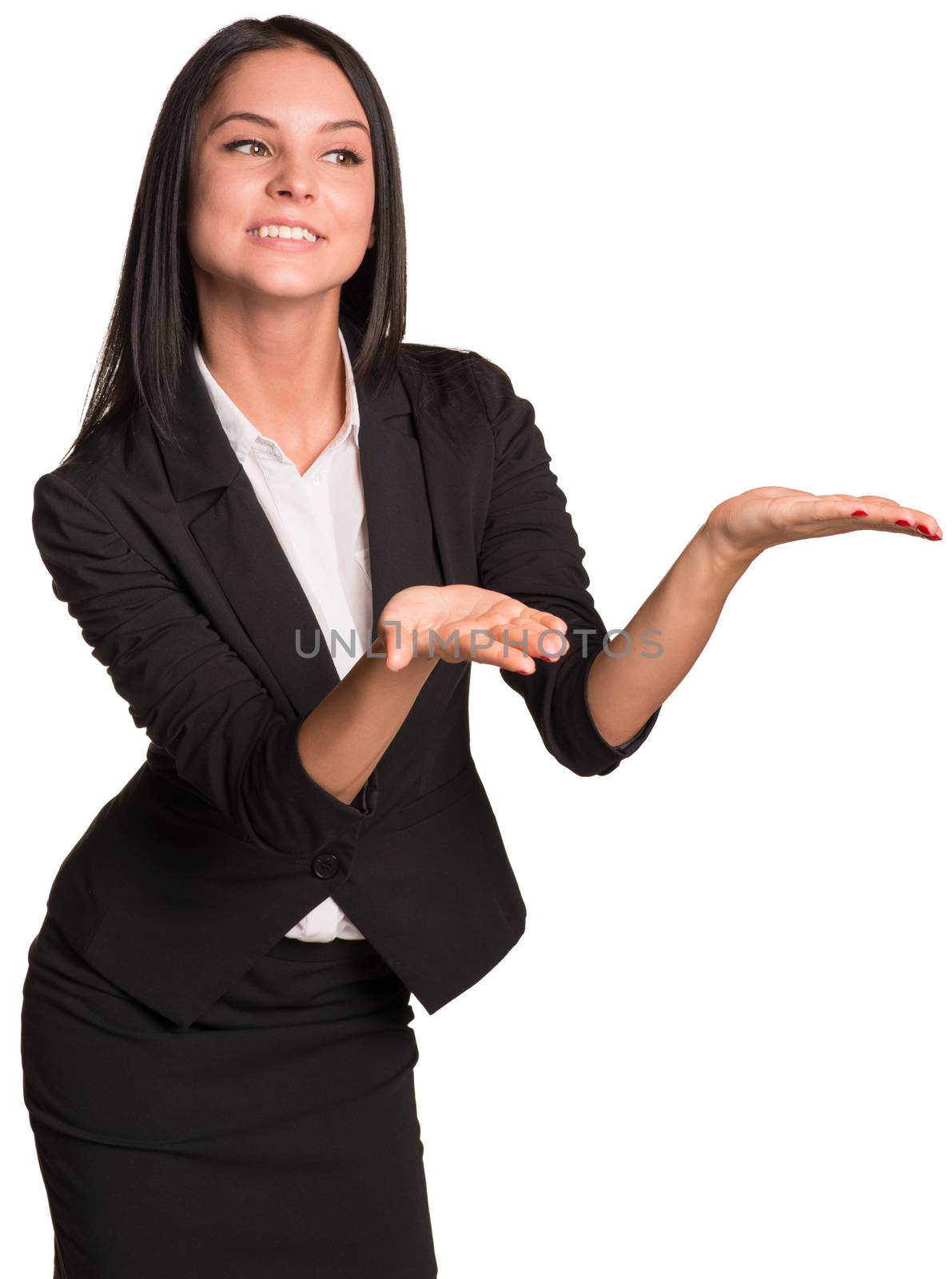 Beautiful businesswomen in suit showing empty palms. Isolated on white background