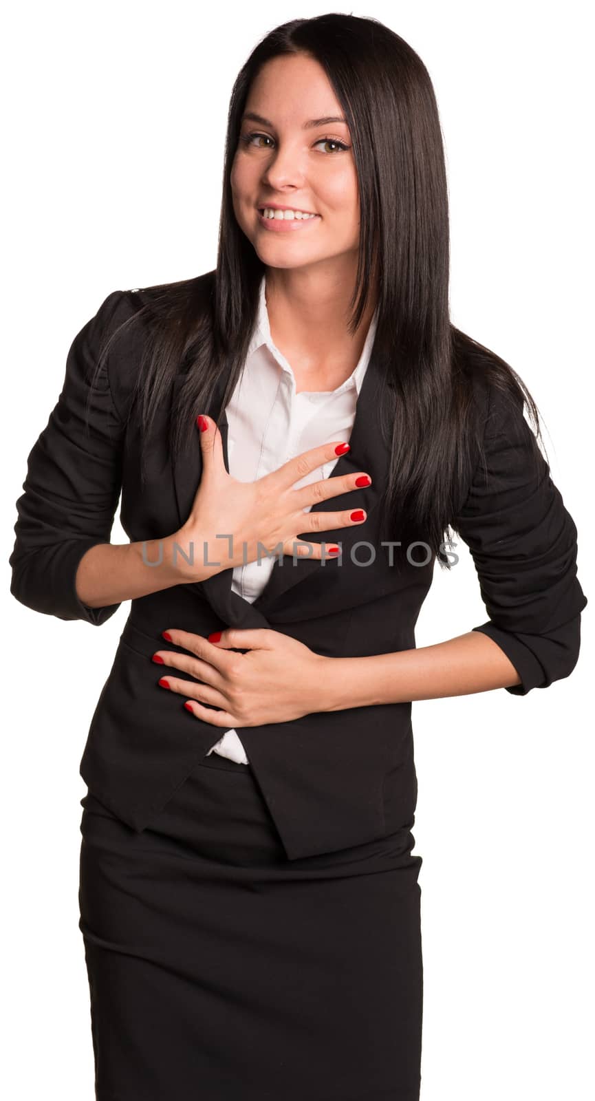 Joyful businesswoman holding hands on his chest. Isolated on white background