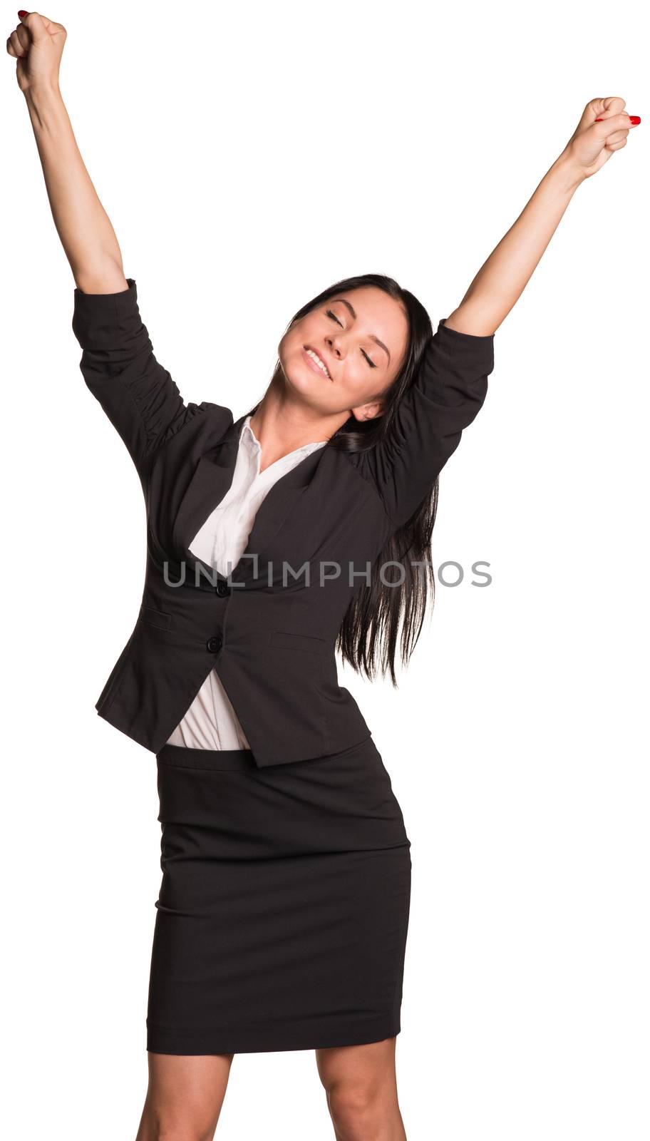 Beautiful businesswomen in suit happily raised his hands up. Isolated on white background