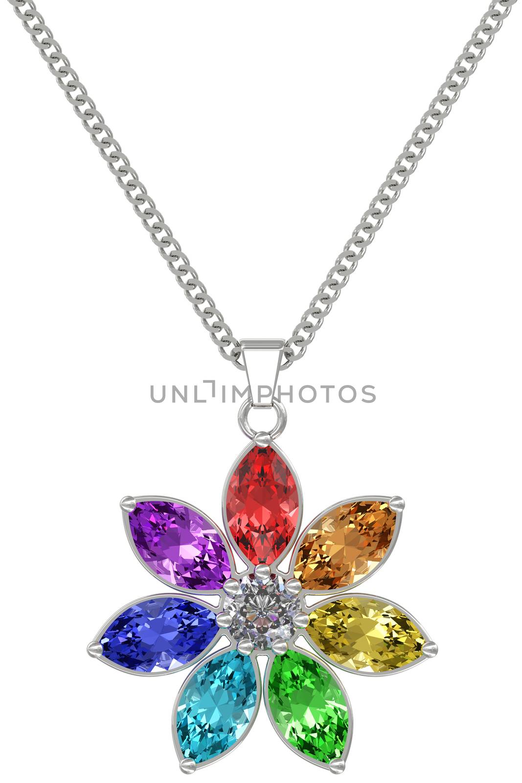 Silver or platinum pendant with colorful gemstones on chain isolated on white background. High resolution 3D image