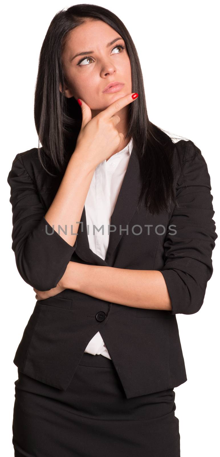 Beautiful businesswomen in suit thoughtful holding hand on chin. Isolated on white background