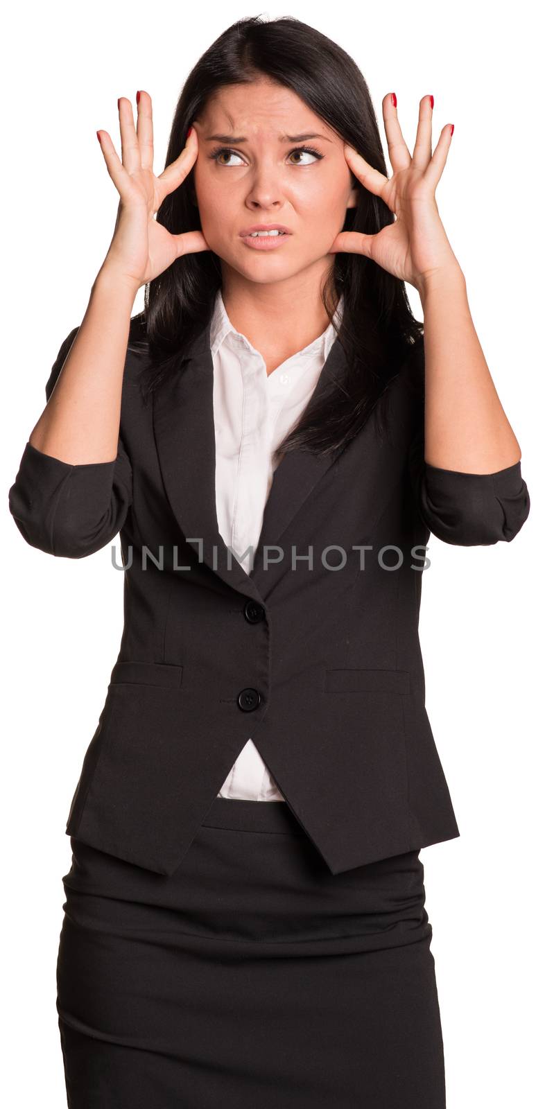 Beautiful businesswomen in suit upset, holding hands at the temples. Isolated on white background