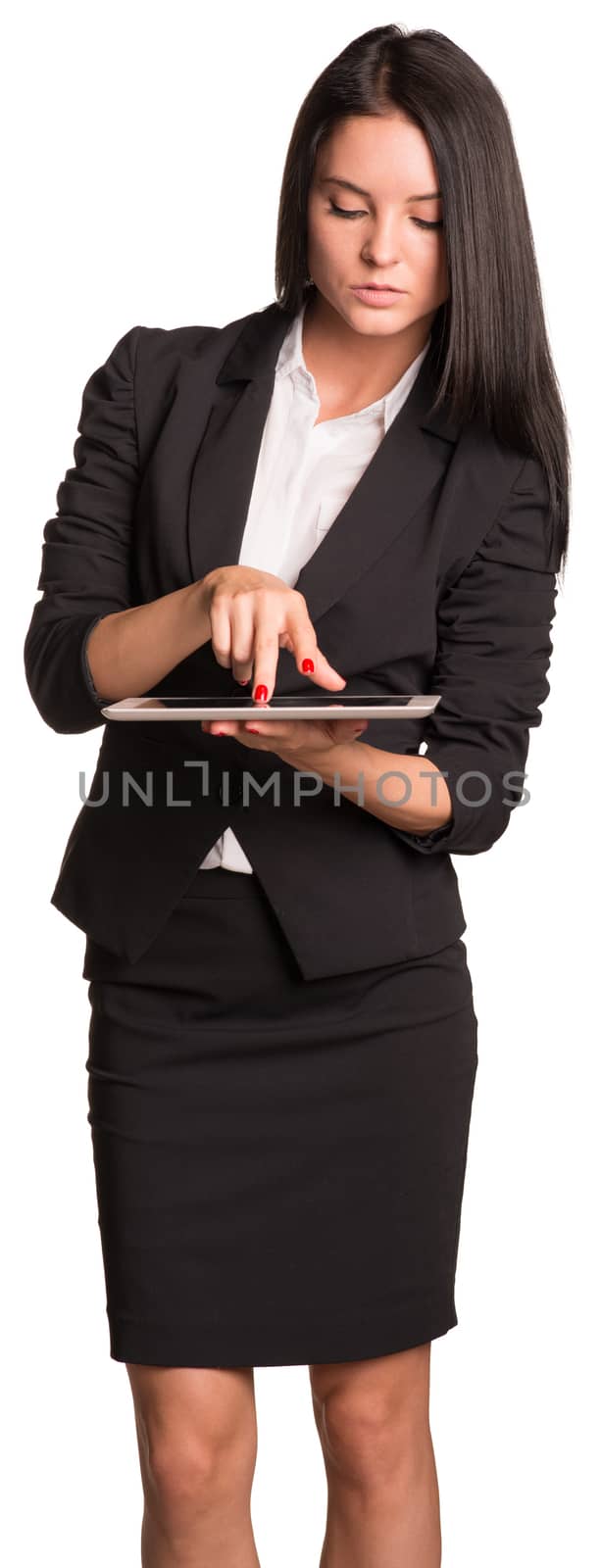 Beautiful businesswoman in suit using tablet. Isolated on white background