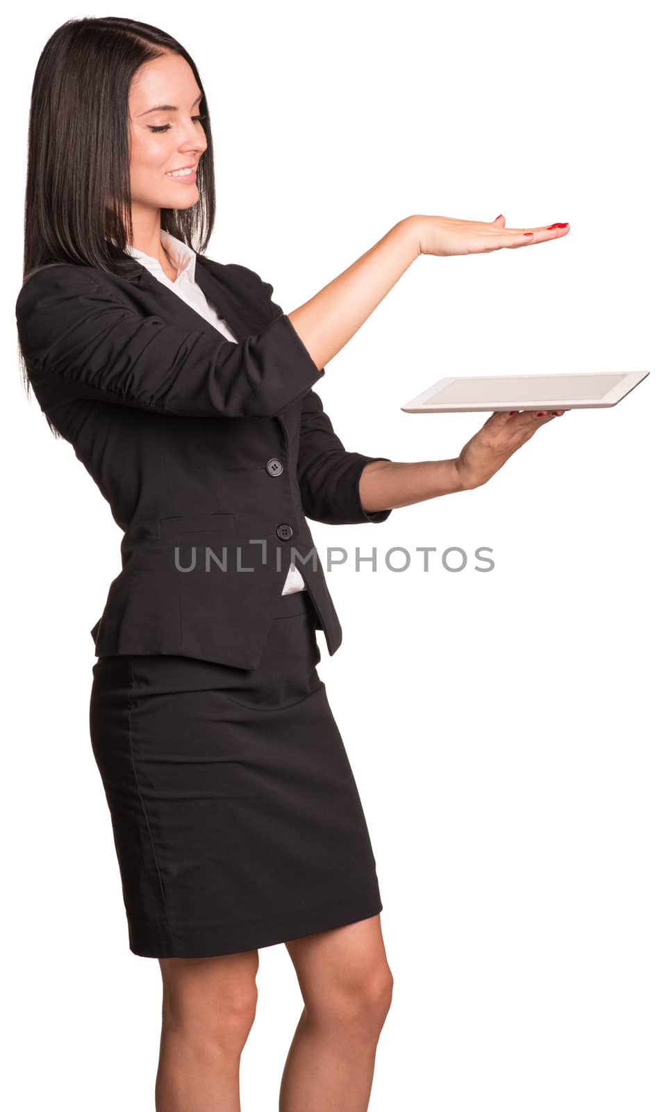 Beautiful businesswoman in suit using tablet. Isolated on white background
