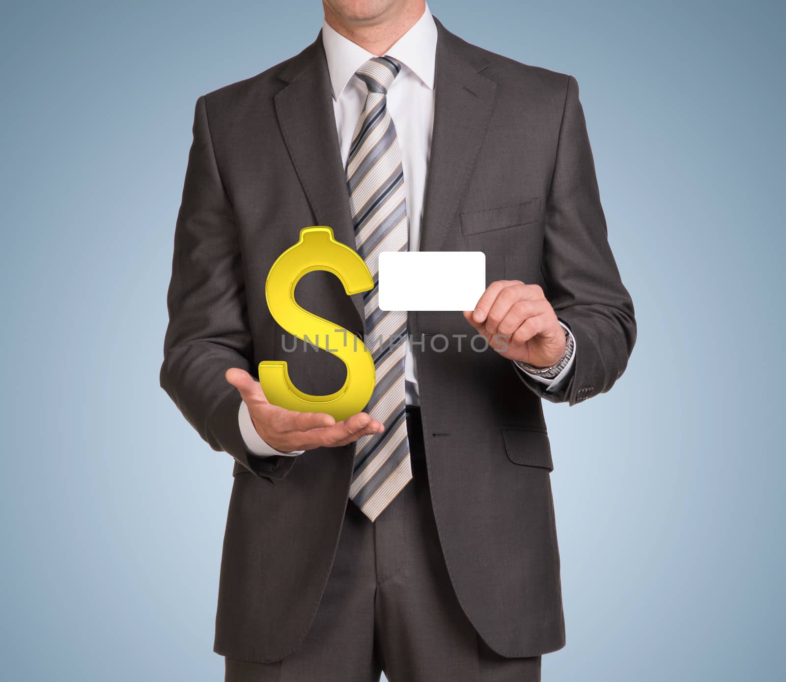 Businessman hold empty card and gold dollar sign by cherezoff
