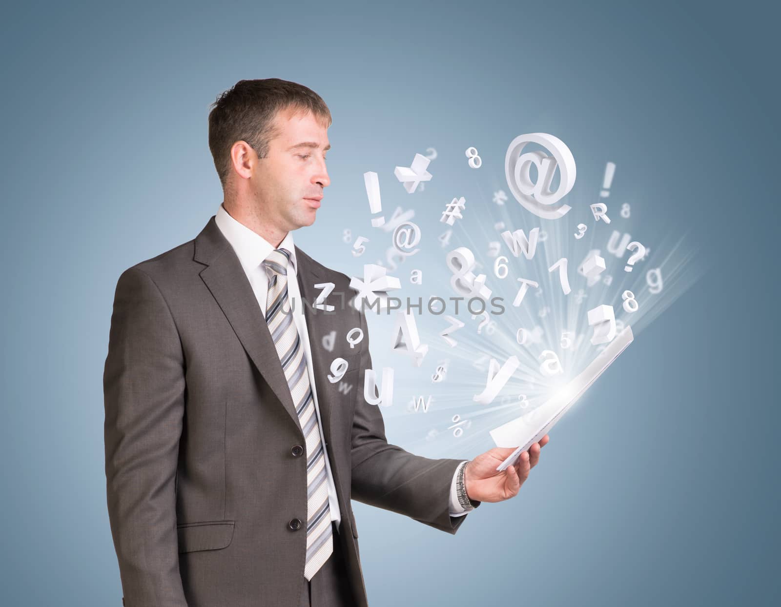 Businessman in suit hold paper sheets with flying figures by cherezoff