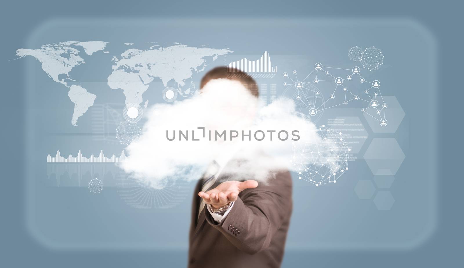 Businessman in suit hold cloud. World map, graphs and network as backdrop