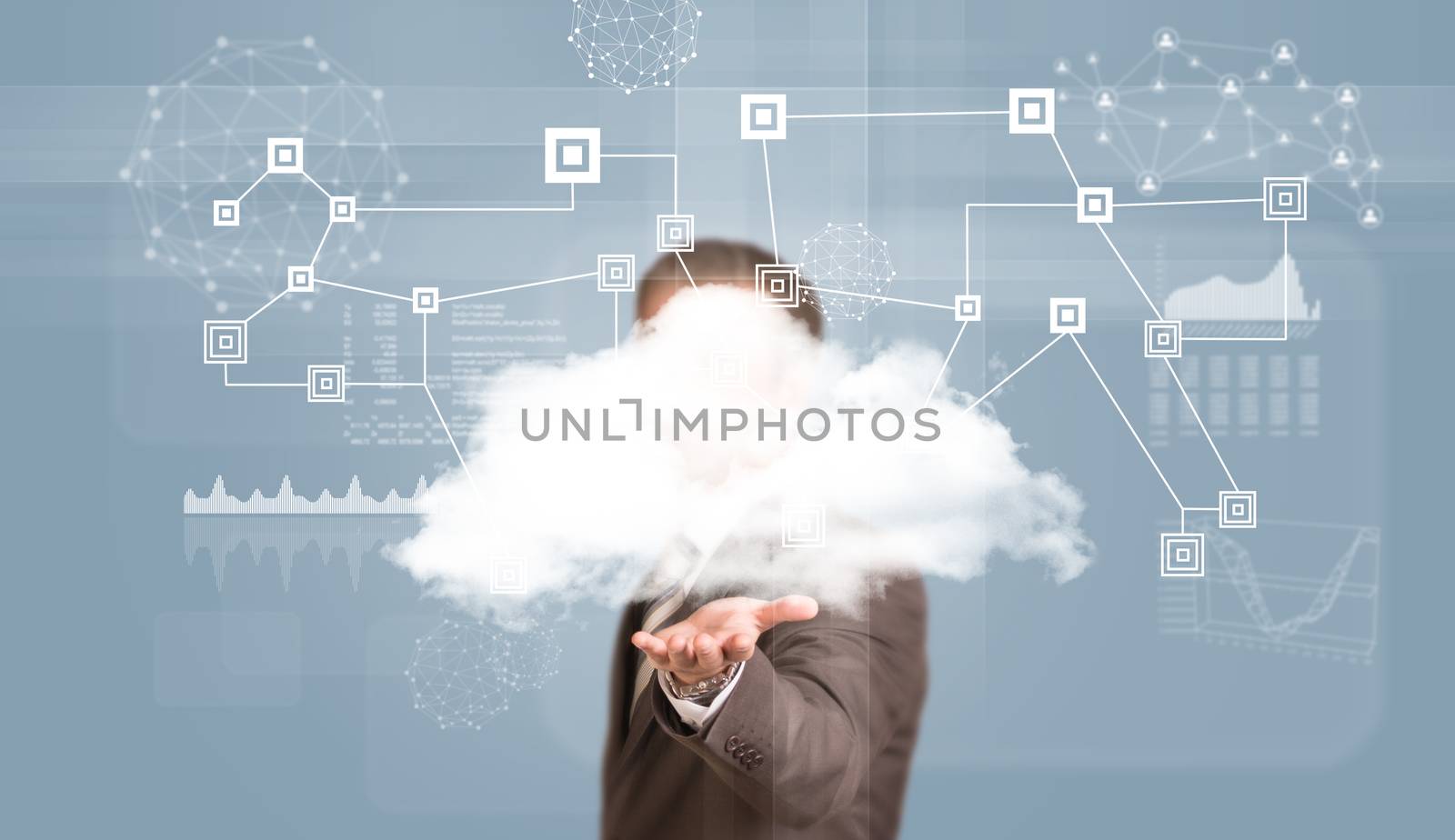 Businessman in suit hold cloud. Network and graphs as backdrop