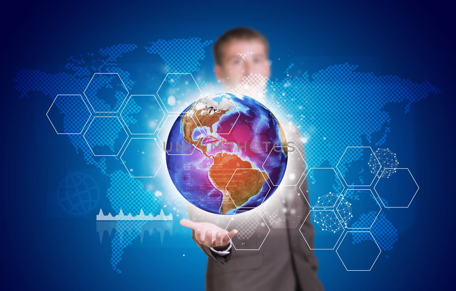 Businessman in suit hold Earth with hexagons and world map. Elements of this image are furnished by NASA