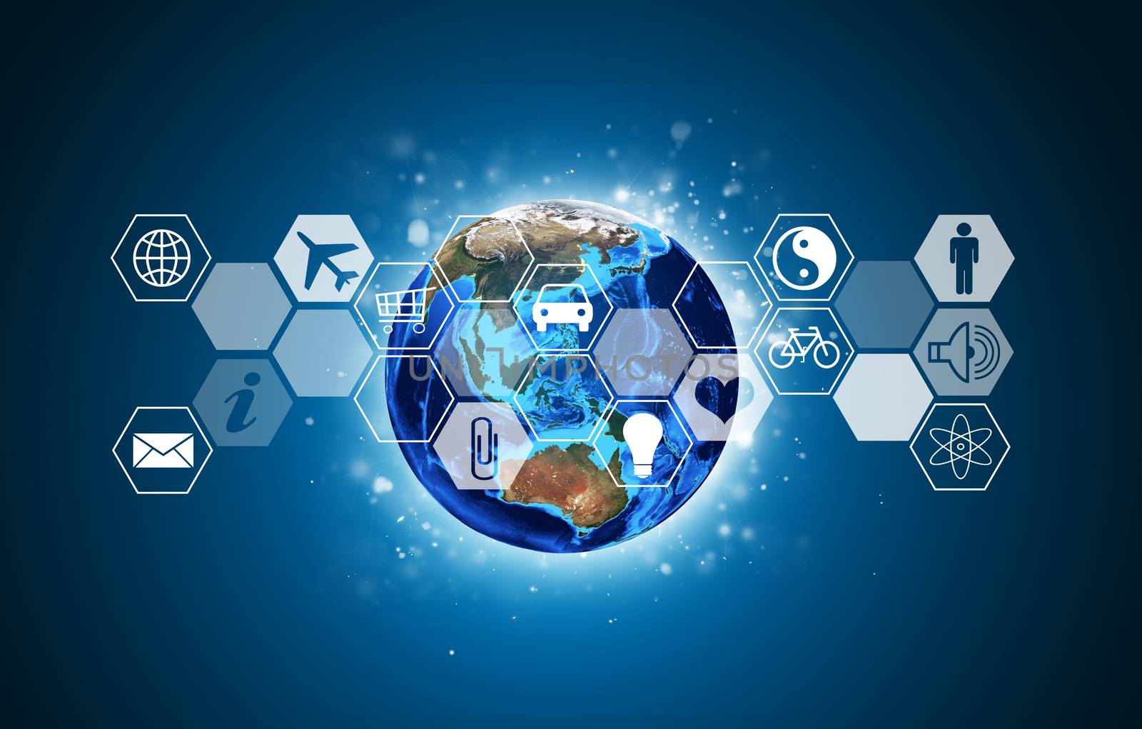 Earth and hexagons with icons. Elements of this image are furnished by NASA