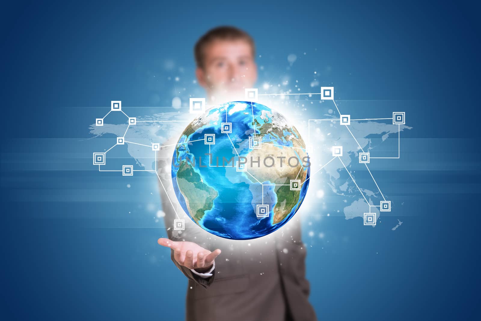 Businessman in suit hold Earth with world map and network. Elements of this image are furnished by NASA