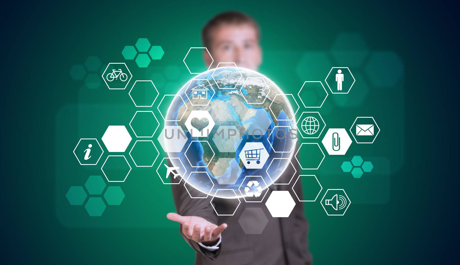 Businessman in suit hold Earth and hexagons with icons. Elements of this image are furnished by NASA
