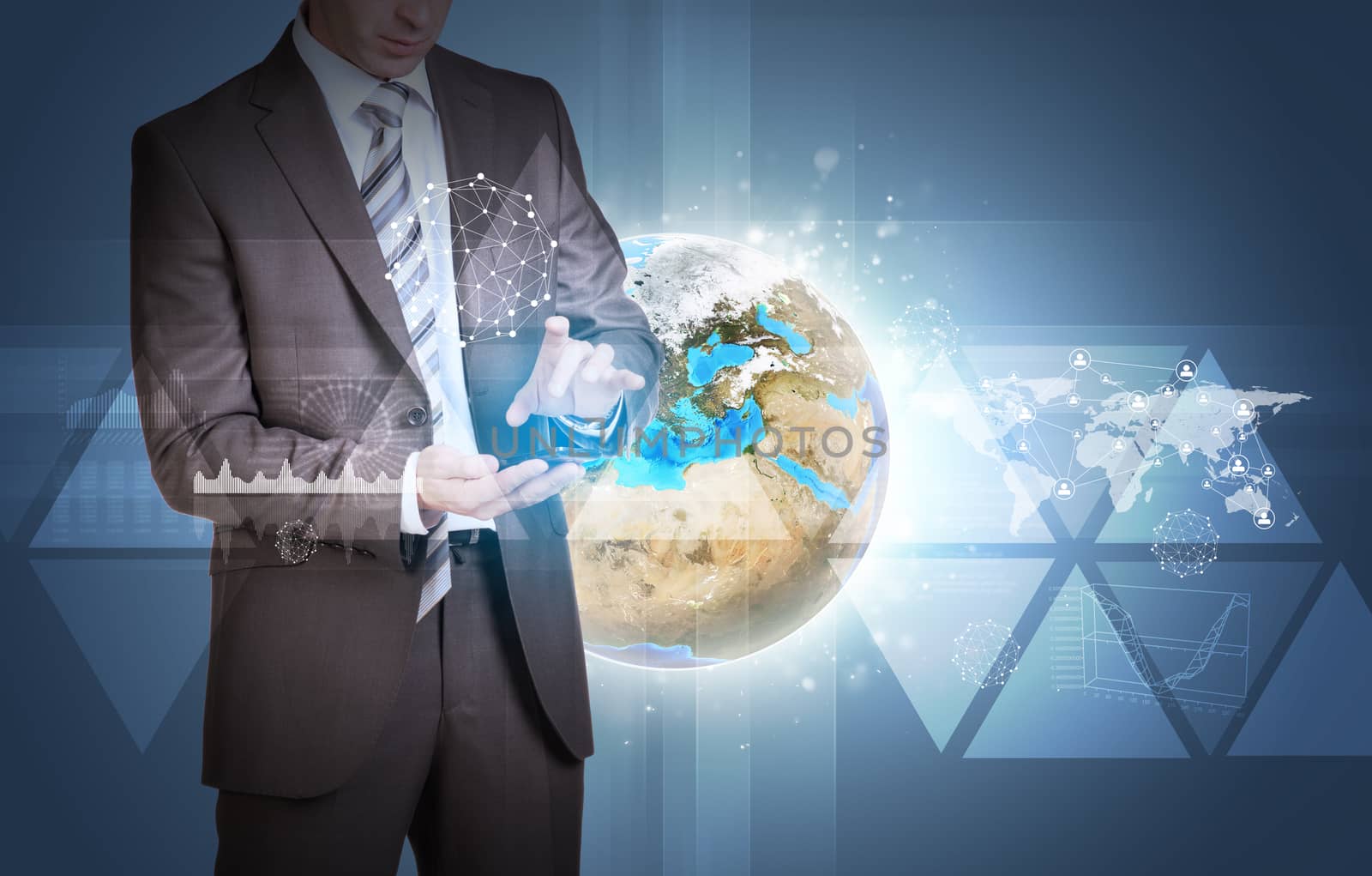 Businessman in suit hold empty copy space. Earth with graphs and network. Elements of this image are furnished by NASA