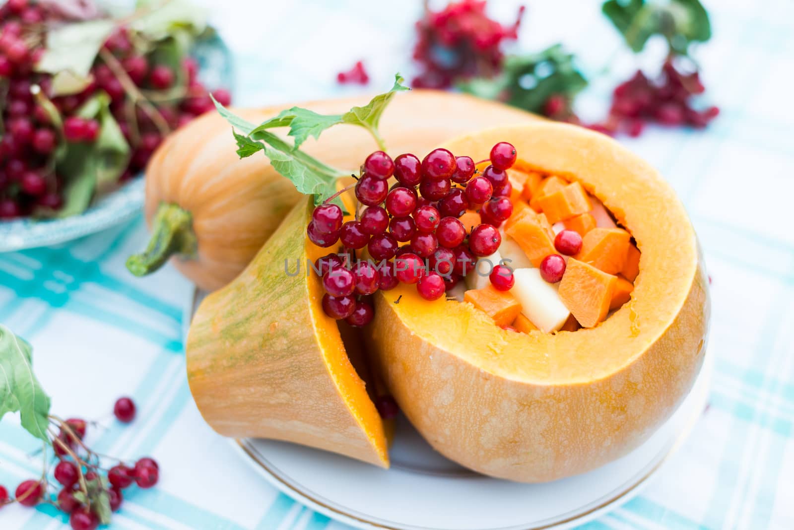 Pumpkin stuffed with raw vegetables and viburnum by olgavolodina