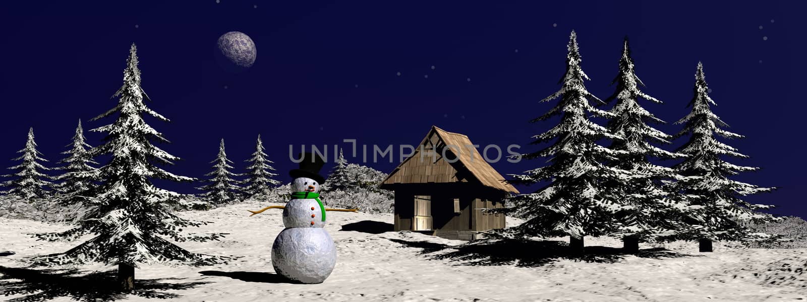 Two christmas snowman near little caban at the mountain - 3D render