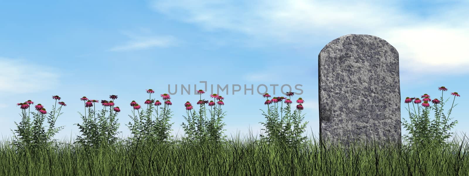 Tombstone and beautiful flowers by day - 3D render
