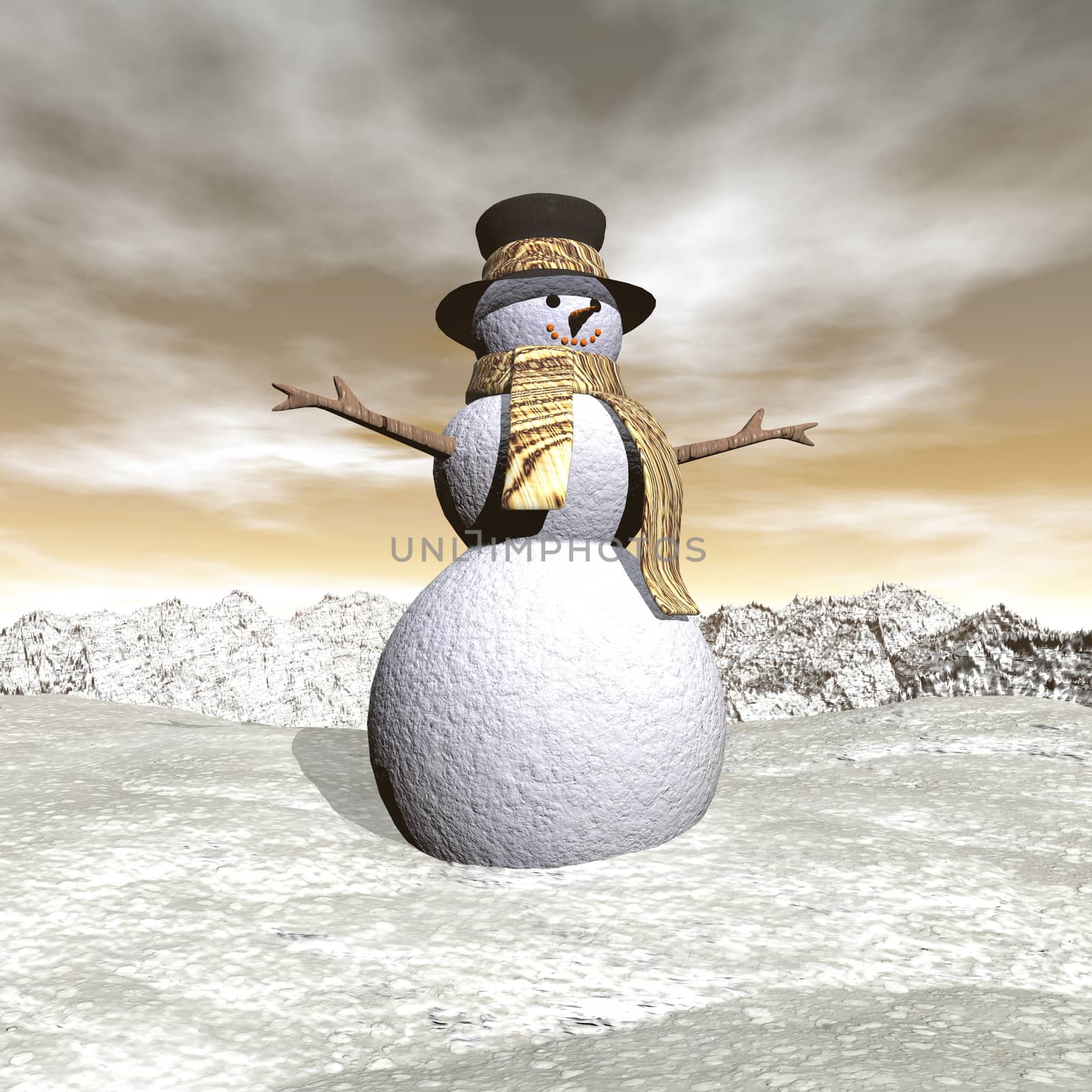 Snowman by snowing evening - 3D render by Elenaphotos21