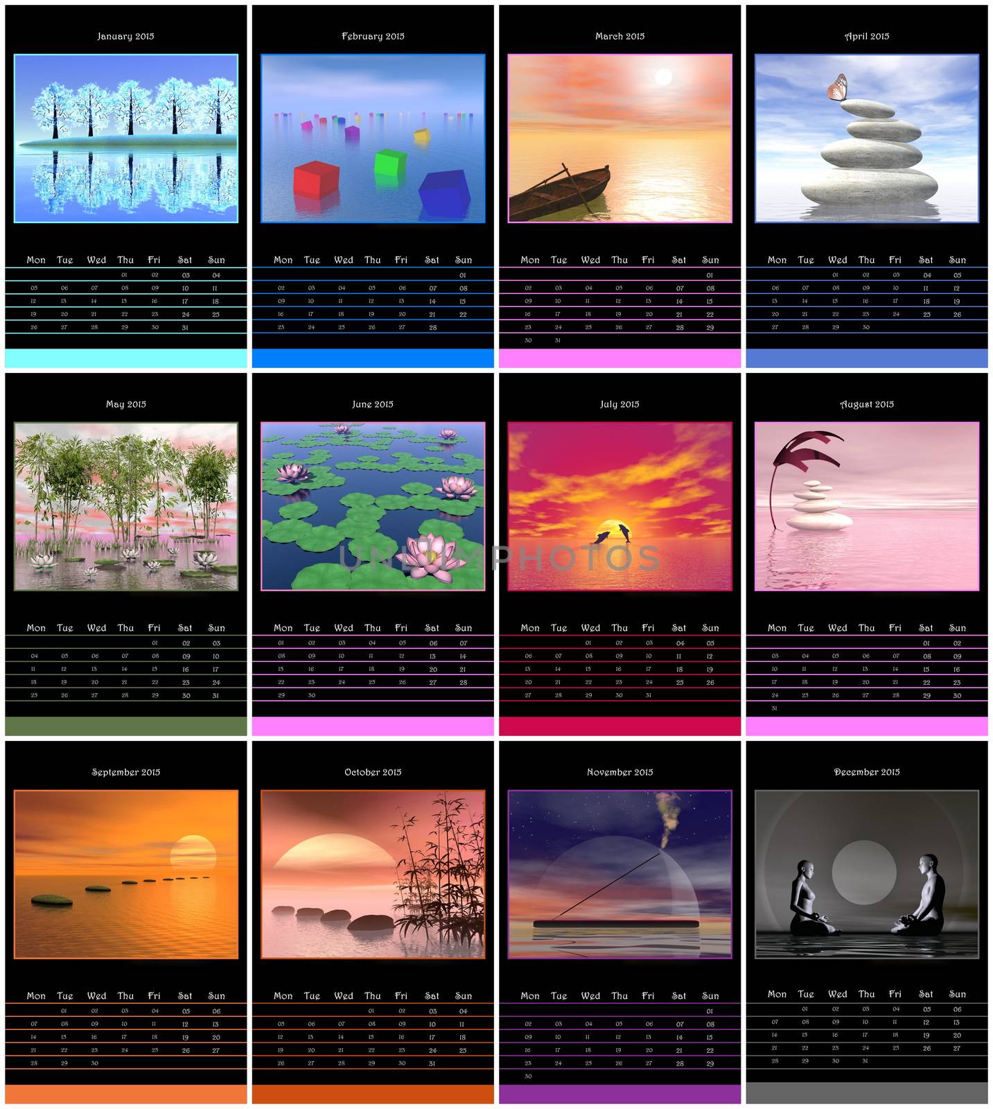 European 2015 year calendar with zen images by Elenaphotos21