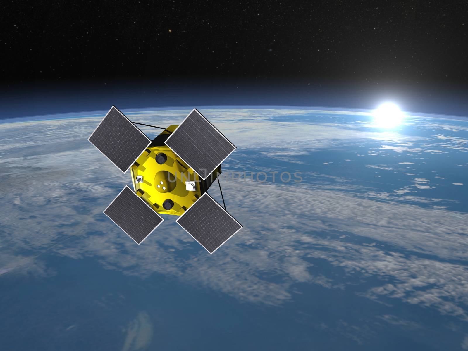 Acrimsat satellite in space upon earth and rising sun, elements of this image furnished by NASA - 3D render