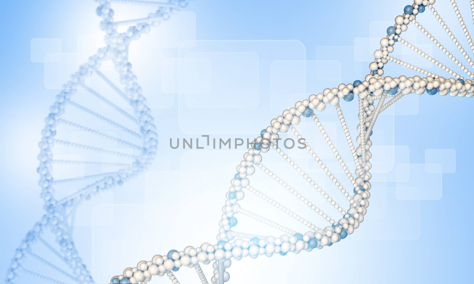 DNA model on blue gradient background with transparent rectangles
