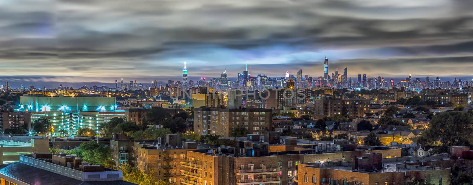 The view of Manhattan skyline at night from Queens, New York