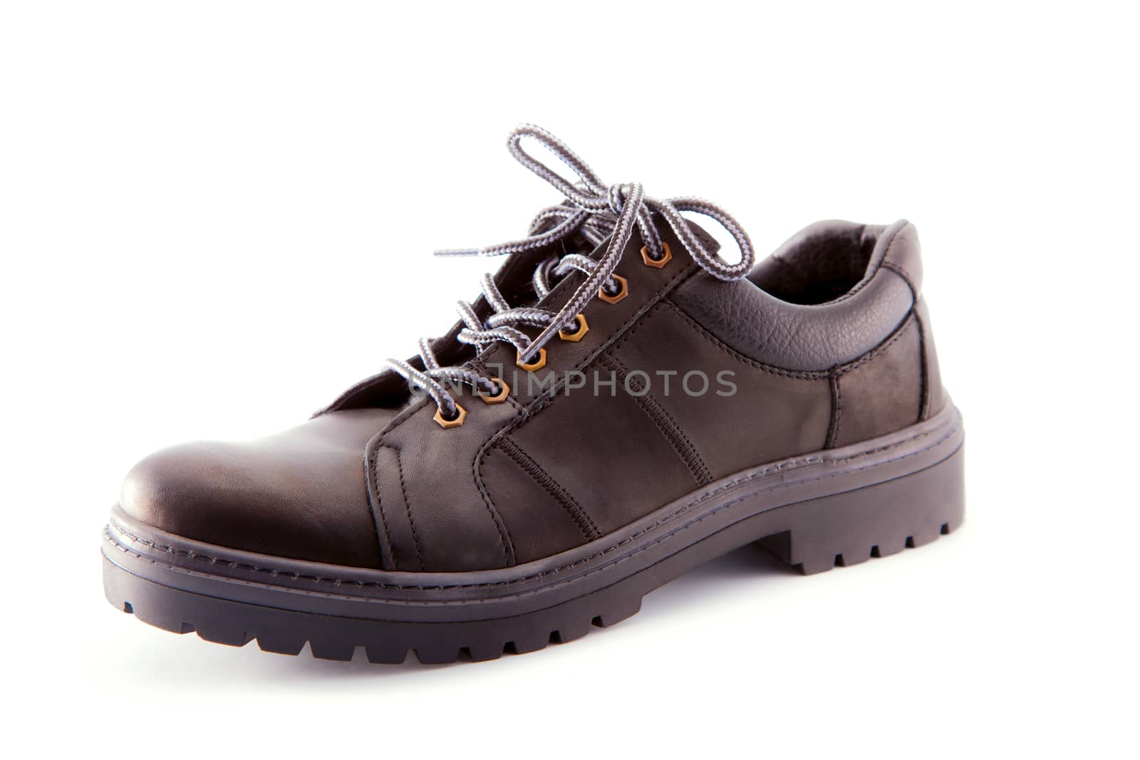 one fashionable black boot on white background
