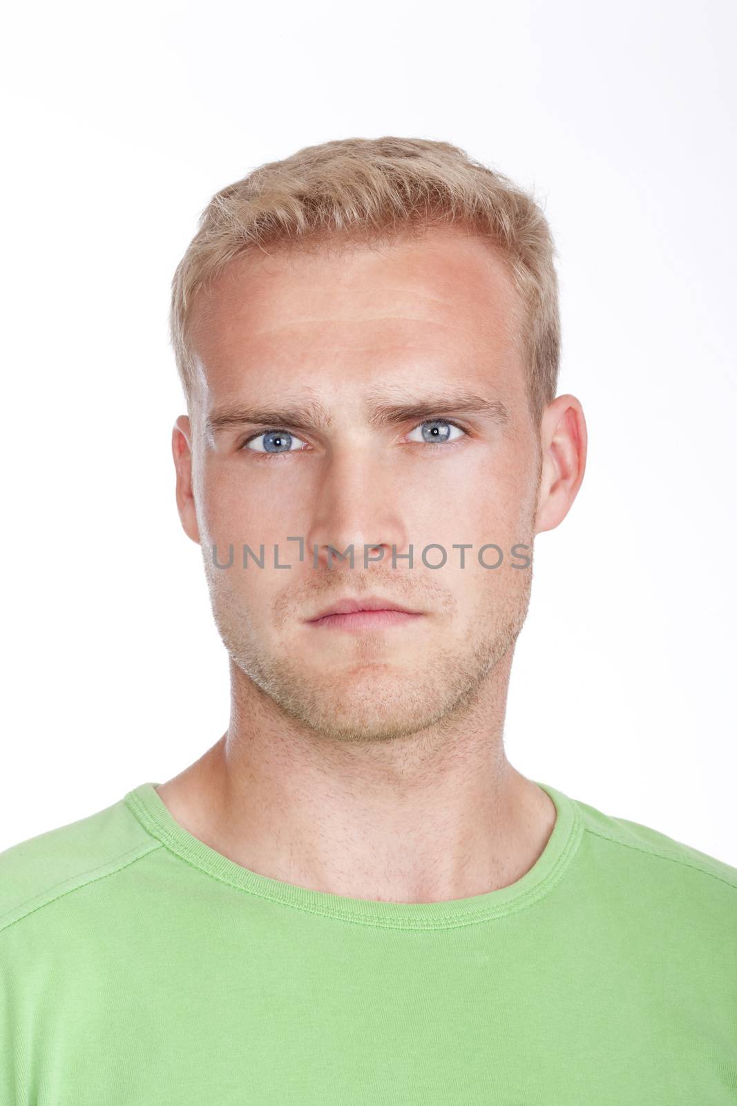 portrait of a young man with blond hair and blue eyes - isolated on white