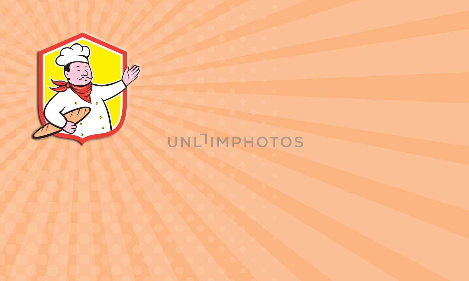 Business card showing illustration of a chef cook baker holding baguette bread set inside shield crest on isolated background done in cartoon style