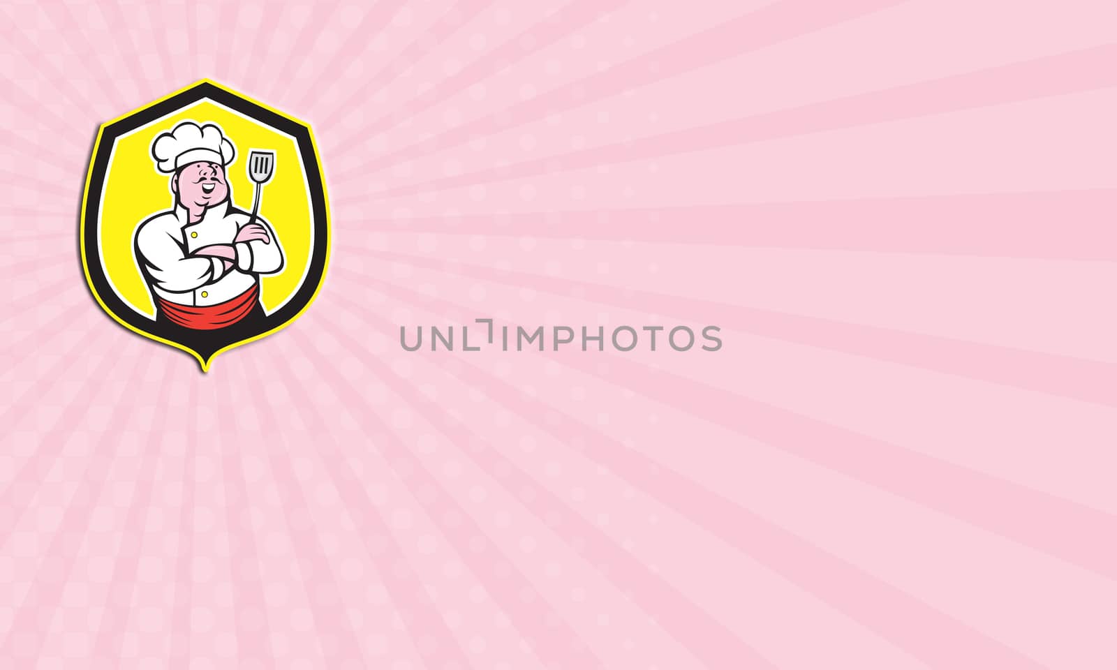 Business card showing illustration of a chef cook holding spatula facing front set inside shield crest done in cartoon style on isolated background. 