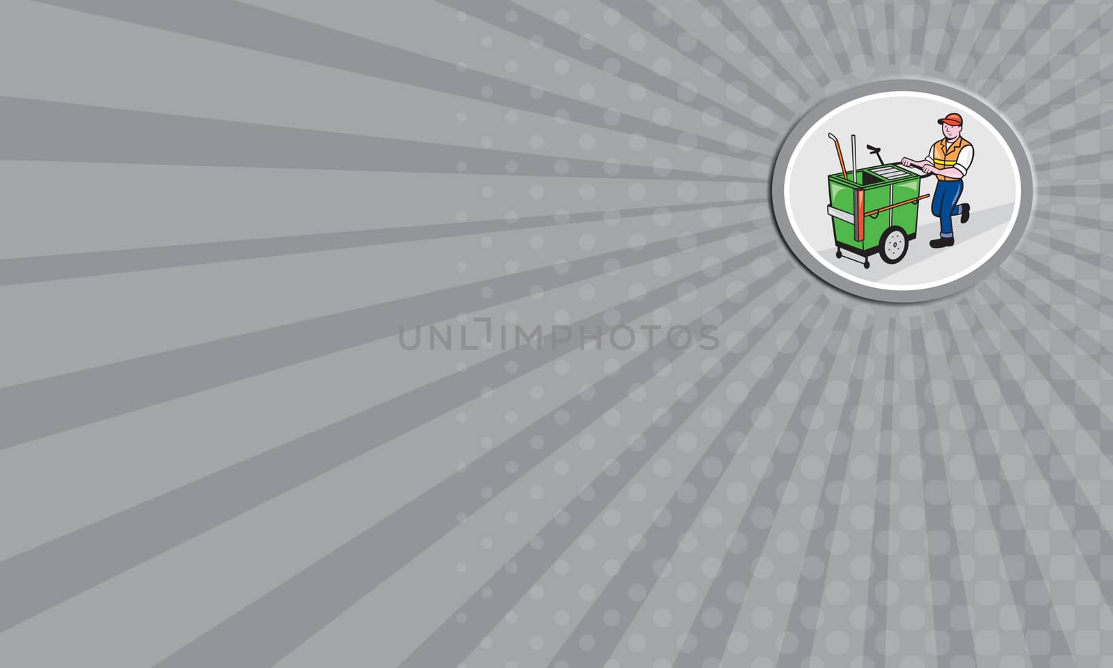 Business card showing illustration of a street cleaner worker pushing a cleaning trolley viewed from front set inside an oval circle on isolated background done in cartoon style.