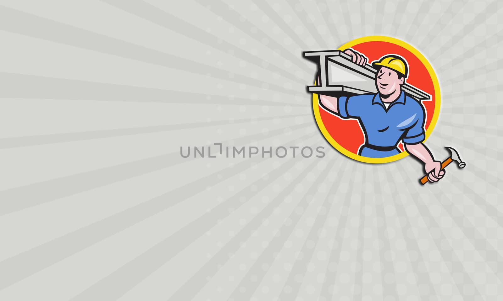 Business card showing illustration of construction steel worker carpenter carrying i-beam girder on shoulder set inside circle on isolated white background done in cartoon style.