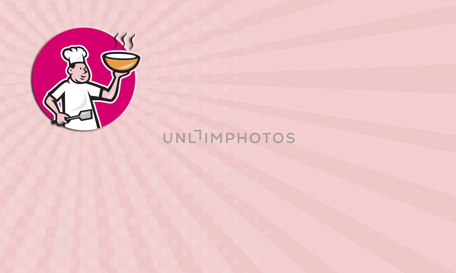 Business card showing illustration of a chef cook holding hot bowl of noodle soup viewed from side set inside oval shape done in cartoon style on isolated white background.
