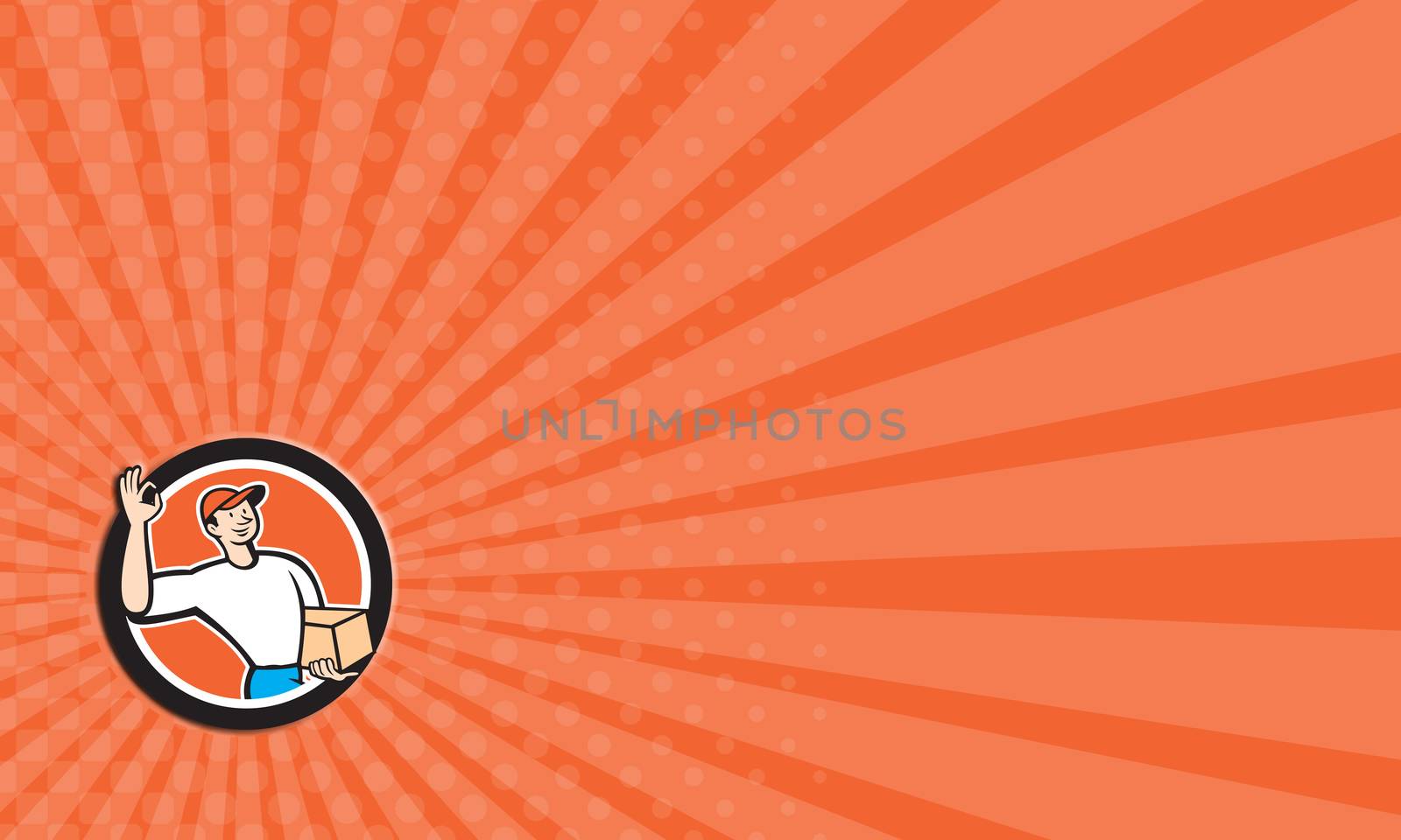 Business card showing illustration of a delivery man worker waving okay sign delivering carrying parcel package carton box set inside circle on isolated background done in cartoon style.