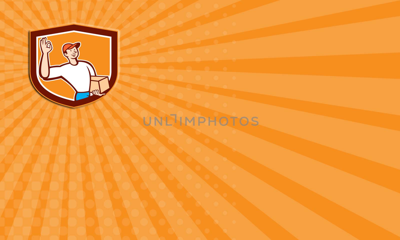 Business card showing illustration of a delivery man worker okay sign delivering carrying parcel package carton box set inside shield crest on isolated background done in cartoon style.