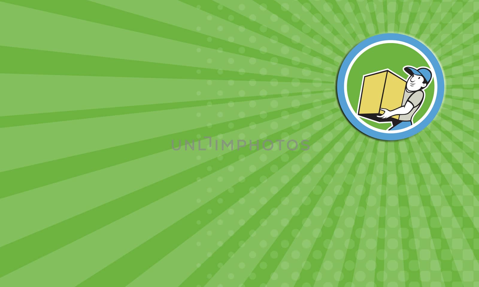 Business card showing illustration of a delivery worker delivering carrying parcel package carton box set inside circle on isolated background done in cartoon style.