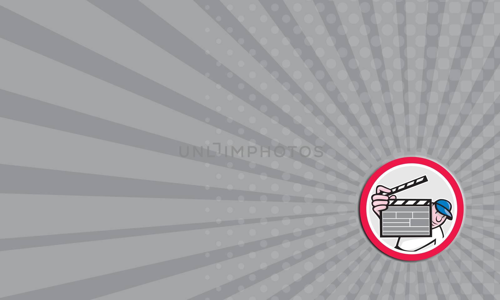 Business card showing illustration of a movie director holding clipboard set inside circle done on isolated white background done in cartoon style.