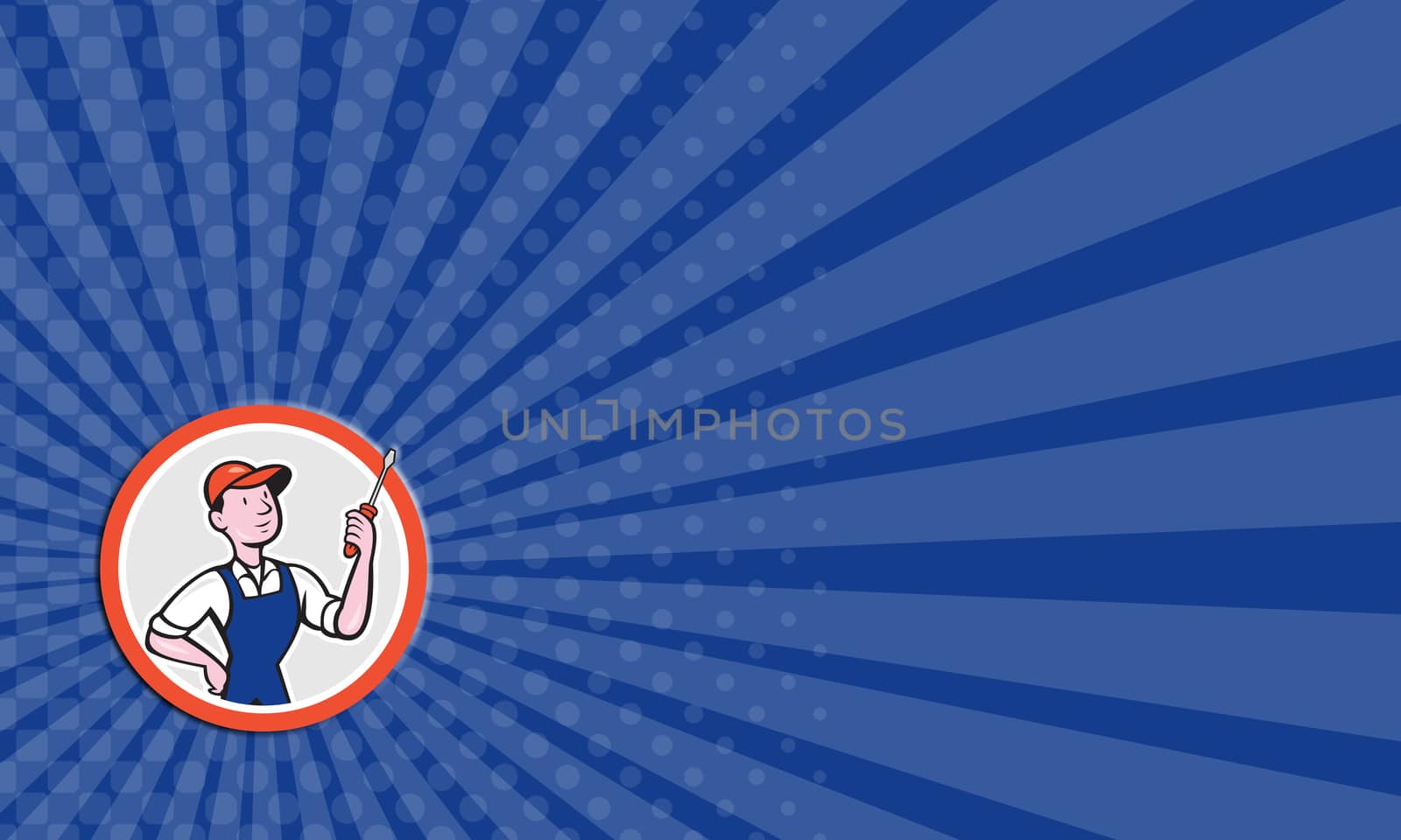 Business card showing illustration of an electrician worker holding a screwdriver facing side on isolated white background done in cartoon style set inside a circle.